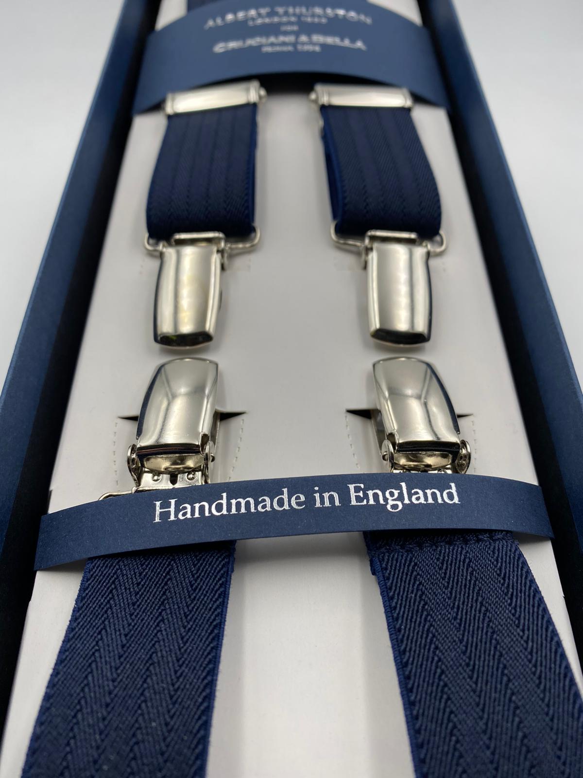 Albert Thurston for Cruciani & Bella Made in England Clip on Adjustable Sizing 25 mm elastic braces Navy Blue Harringbone Plain Color X-Shaped Nickel Fittings Size: L #4839