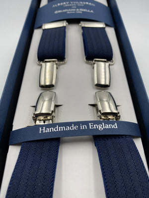 Albert Thurston for Cruciani & Bella Made in England Clip on Adjustable Sizing 25 mm elastic braces Navy Blue Harringbone Plain Color X-Shaped Nickel Fittings Size: L #4839