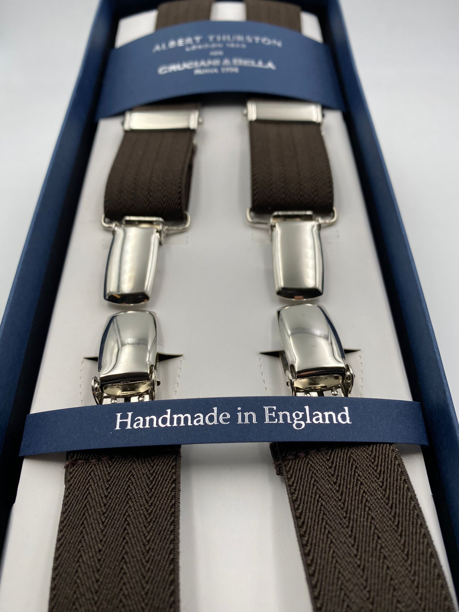 Albert Thurston for Cruciani & Bella Made in England Clip on Adjustable Sizing 25 mm elastic braces Brown Harringbone Plain Color X-Shaped Nickel Fittings Size: L #4841