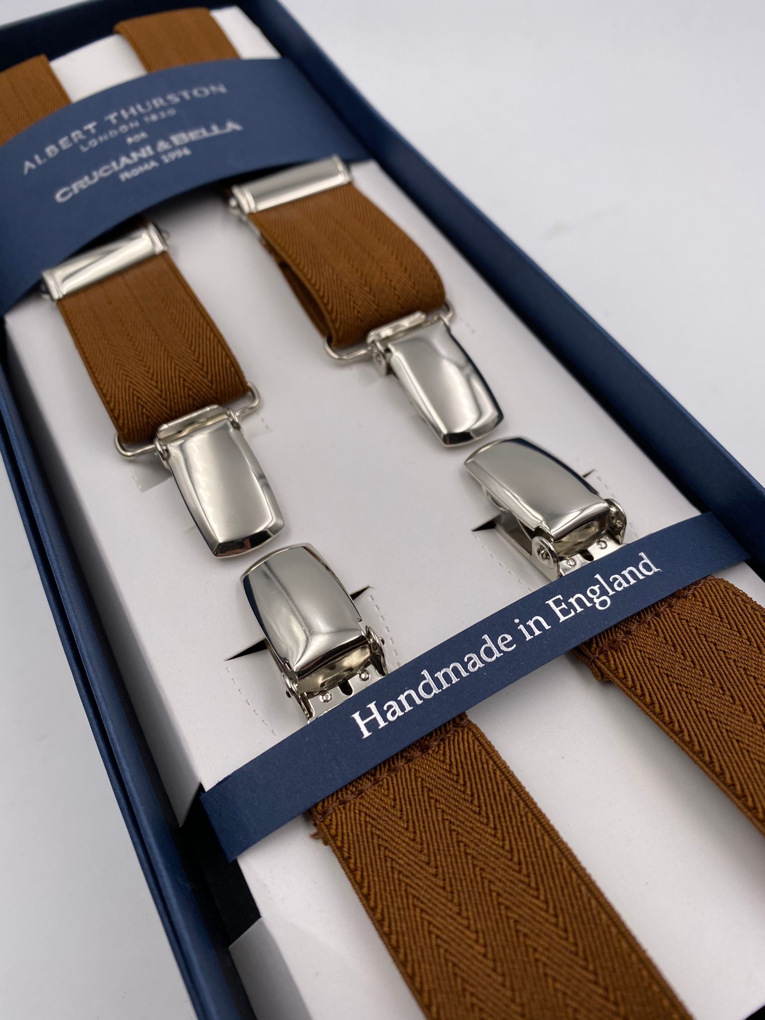 Albert Thurston for Cruciani & Bella Made in England Clip on Adjustable Sizing 25 mm elastic braces Mustard Harringbone Plain Color X-Shaped Nickel Fittings Size: L #4842