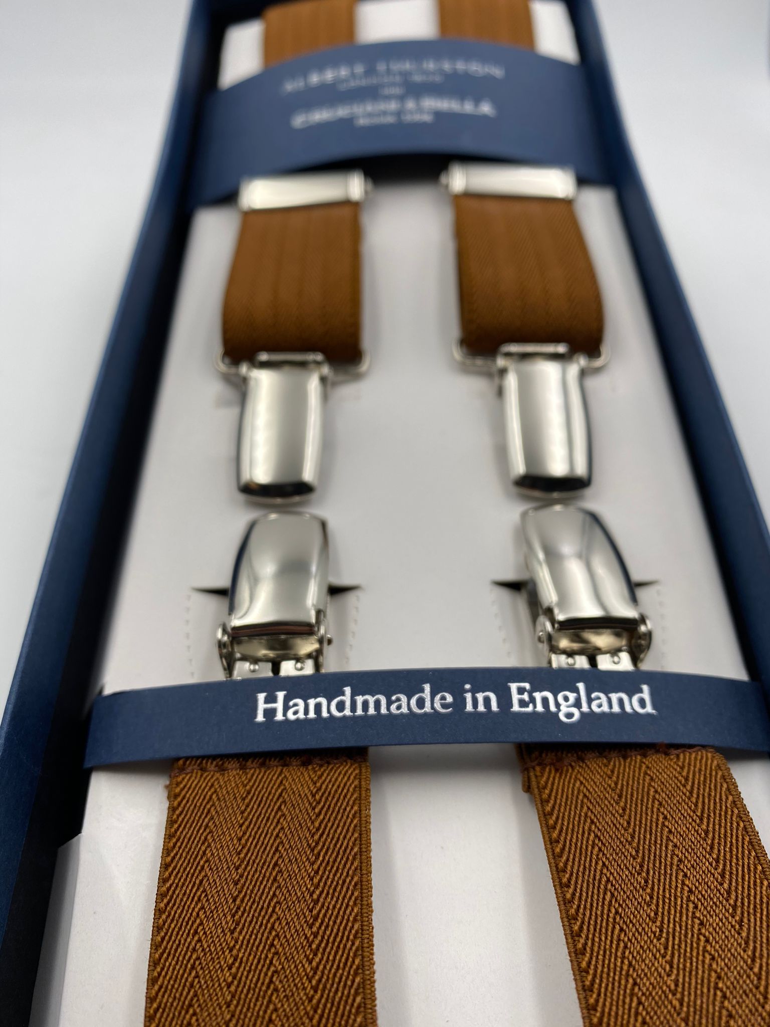 Albert Thurston for Cruciani & Bella Made in England Clip on Adjustable Sizing 25 mm elastic braces Mustard Harringbone Plain Color X-Shaped Nickel Fittings Size: L #4842