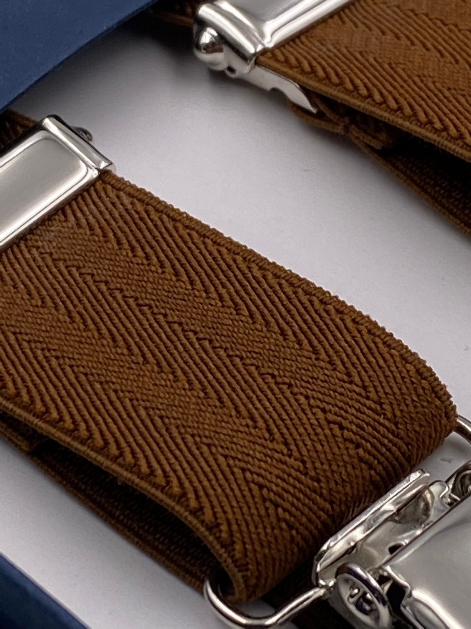 Albert Thurston for Cruciani & Bella Made in England Clip on Adjustable Sizing 25 mm elastic braces Mustard Harringbone Plain Color X-Shaped Nickel Fittings Size: L #4842