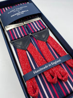 Albert Thurston for Cruciani & Bella Made in England Adjustable Sizing 40 mm Woven Barathea  Midnight blue, Red and Pink stripe braces Braid ends Y-Shaped Nickel Fittings Size: XL #4532
