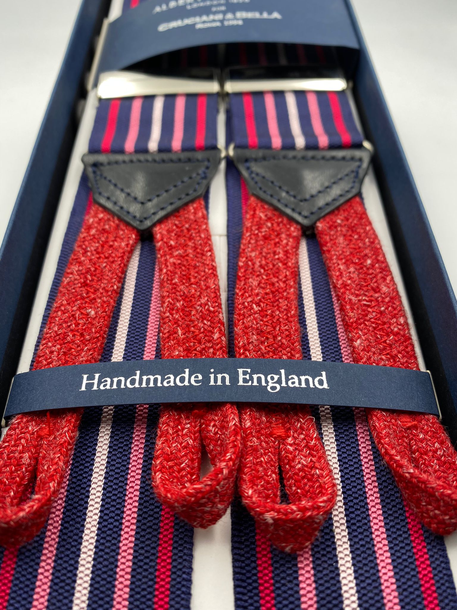 Albert Thurston for Cruciani & Bella Made in England Adjustable Sizing 40 mm Woven Barathea  Midnight blue, Red and Pink stripe braces Braid ends Y-Shaped Nickel Fittings Size: XL #4532