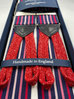 Albert Thurston for Cruciani & Bella Made in England Adjustable Sizing 40 mm Woven Barathea  Midnight blue, Red and Pink stripe braces Braid ends Y-Shaped Nickel Fittings Size: XL #4532