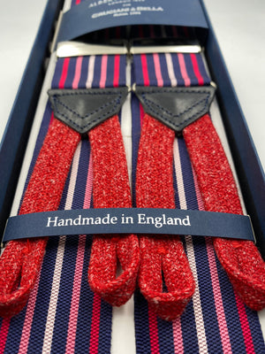 Albert Thurston for Cruciani & Bella Made in England Adjustable Sizing 40 mm Woven Barathea  Midnight blue, Red and Pink stripe braces Braid ends Y-Shaped Nickel Fittings Size: XL #4532