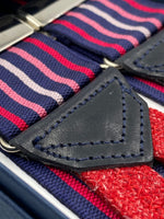 Albert Thurston for Cruciani & Bella Made in England Adjustable Sizing 40 mm Woven Barathea  Midnight blue, Red and Pink stripe braces Braid ends Y-Shaped Nickel Fittings Size: XL #4532
