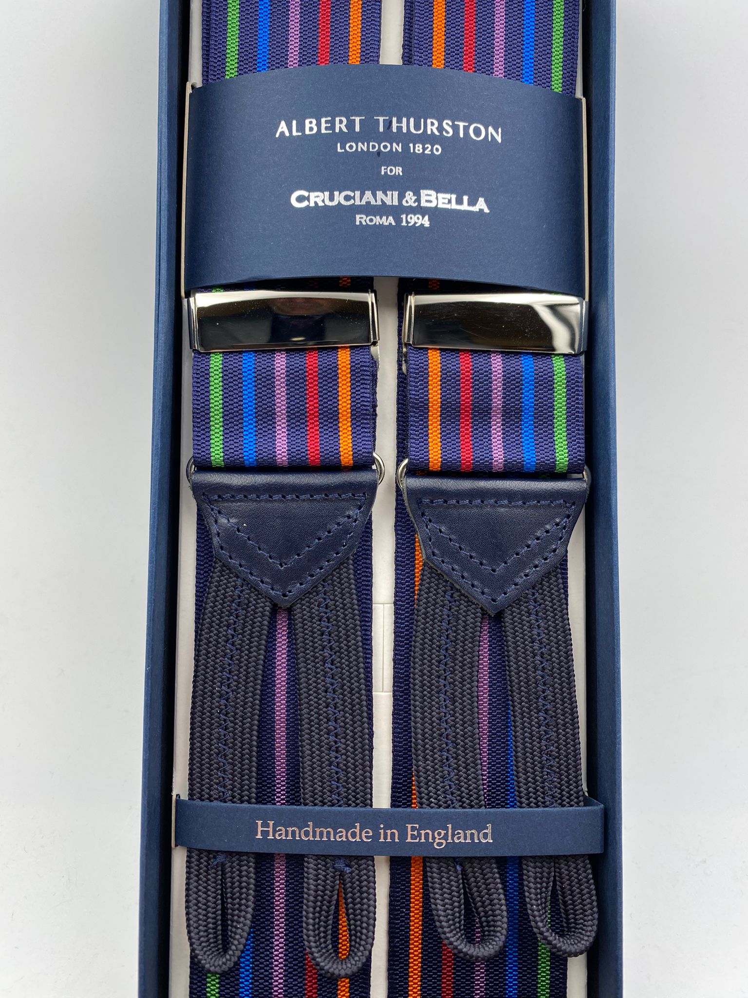 Albert Thurston for Cruciani & Bella Made in England Adjustable Sizing 40 mm Woven Barathea  Midnight blue and Multicolor Stripes Braces Braid ends Y-Shaped Nickel Fittings Size: XL #4996