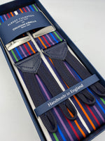 Albert Thurston for Cruciani & Bella Made in England Adjustable Sizing 40 mm Woven Barathea  Midnight blue and Multicolor Stripes Braces Braid ends Y-Shaped Nickel Fittings Size: XL #4996