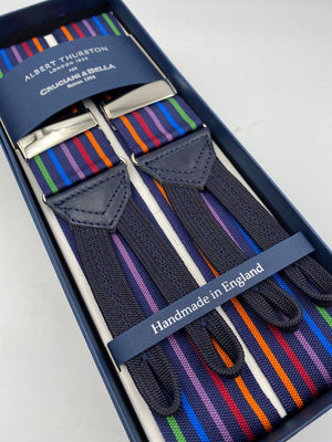 Albert Thurston for Cruciani & Bella Made in England Adjustable Sizing 40 mm Woven Barathea  Midnight blue and Multicolor Stripes Braces Braid ends Y-Shaped Nickel Fittings Size: XL #4996