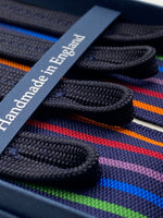 Albert Thurston for Cruciani & Bella Made in England Adjustable Sizing 40 mm Woven Barathea  Midnight blue and Multicolor Stripes Braces Braid ends Y-Shaped Nickel Fittings Size: XL #4996