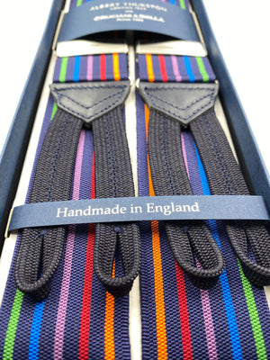 Albert Thurston for Cruciani & Bella Made in England Adjustable Sizing 40 mm Woven Barathea  Midnight blue and Multicolor Stripes Braces Braid ends Y-Shaped Nickel Fittings Size: XL #4996