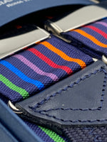 Albert Thurston for Cruciani & Bella Made in England Adjustable Sizing 40 mm Woven Barathea  Midnight blue and Multicolor Stripes Braces Braid ends Y-Shaped Nickel Fittings Size: XL #4996