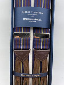 Albert Thurston for Cruciani & Bella Made in England Adjustable Sizing 40 mm Woven Barathea  Blue navy, Brown, Hazelnut and Beige Stripes braces Braid ends Y-Shaped Nickel Fittings Size: XL #3758