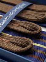 Albert Thurston for Cruciani & Bella Made in England Adjustable Sizing 40 mm Woven Barathea  Blue navy, Brown, Hazelnut and Beige Stripes braces Braid ends Y-Shaped Nickel Fittings Size: XL #3758
