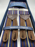 Albert Thurston for Cruciani & Bella Made in England Adjustable Sizing 40 mm Woven Barathea  Blue navy, Brown, Hazelnut and Beige Stripes braces Braid ends Y-Shaped Nickel Fittings Size: XL #3758