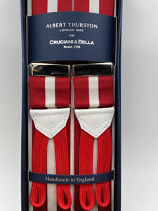 Albert Thurston for Cruciani & Bella Made in England Adjustable Sizing 40 mm Woven Barathea  Red and White stripes Braces Braid ends Y-Shaped Nickel Fittings Size: XL #4529