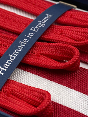 Albert Thurston for Cruciani & Bella Made in England Adjustable Sizing 40 mm Woven Barathea  Red and White stripes Braces Braid ends Y-Shaped Nickel Fittings Size: XL #4529