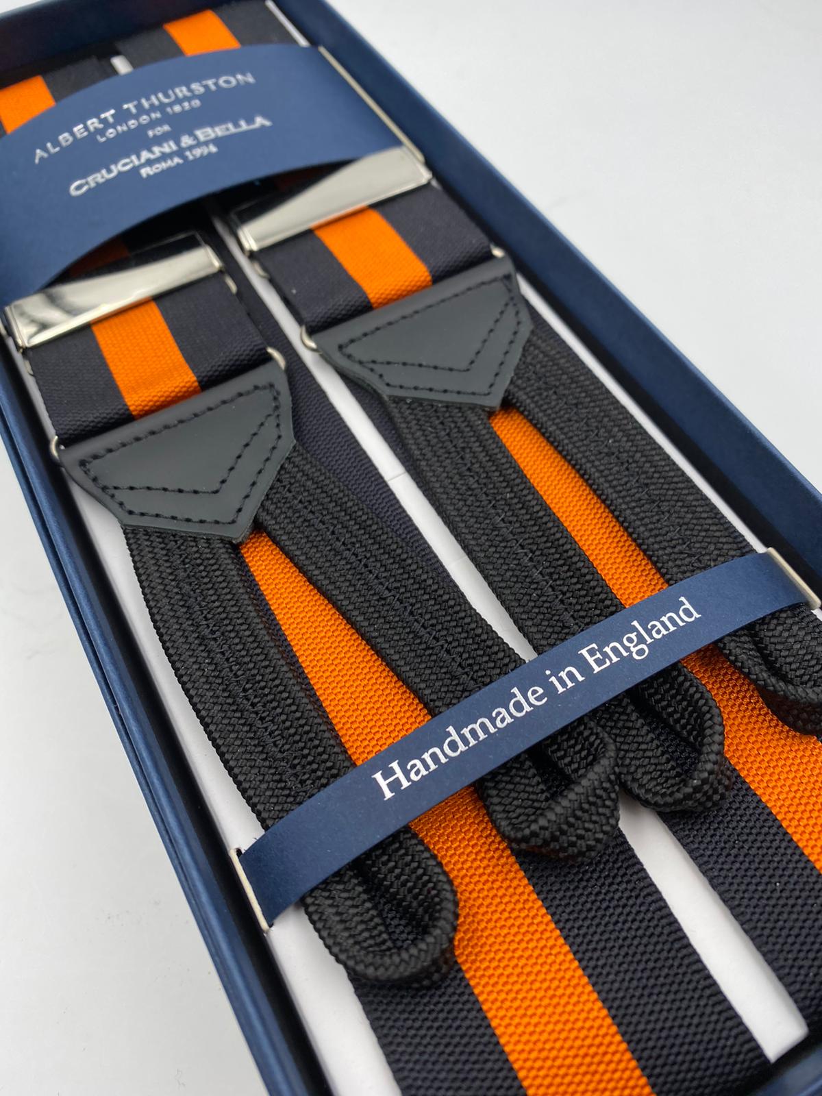 Albert Thurston for Cruciani & Bella Made in England Adjustable Sizing 40 mm Woven Barathea  Black and Orange stripes braces Braid ends Y-Shaped Nickel Fittings Size: XL #4298