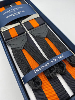 Albert Thurston for Cruciani & Bella Made in England Adjustable Sizing 40 mm Woven Barathea  Black and Orange stripes braces Braid ends Y-Shaped Nickel Fittings Size: XL #4298