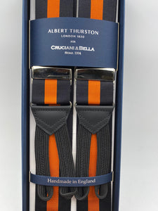 Albert Thurston for Cruciani & Bella Made in England Adjustable Sizing 40 mm Woven Barathea  Black and Orange stripes braces Braid ends Y-Shaped Nickel Fittings Size: XL #4298