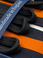Albert Thurston for Cruciani & Bella Made in England Adjustable Sizing 40 mm Woven Barathea  Black and Orange stripes braces Braid ends Y-Shaped Nickel Fittings Size: XL #4298