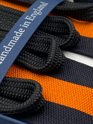 Albert Thurston for Cruciani & Bella Made in England Adjustable Sizing 40 mm Woven Barathea  Black and Orange stripes braces Braid ends Y-Shaped Nickel Fittings Size: XL #4298