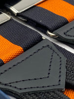 Albert Thurston for Cruciani & Bella Made in England Adjustable Sizing 40 mm Woven Barathea  Black and Orange stripes braces Braid ends Y-Shaped Nickel Fittings Size: XL #4298