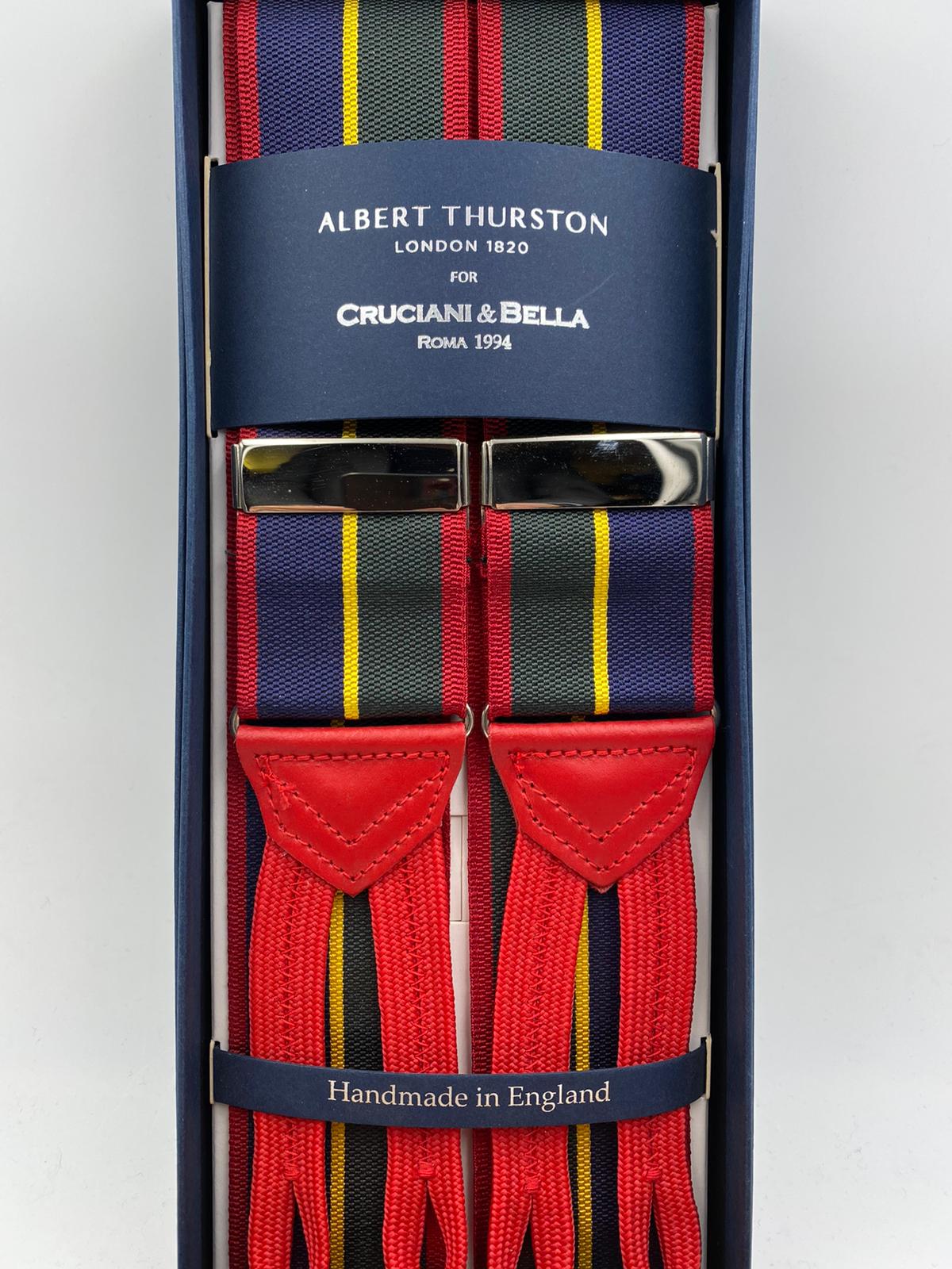 Albert Thurston for Cruciani & Bella Made in England Adjustable Sizing Blue, green, yellow and red stripes braces 40 mm Woven Barathea  Braid ends Y-Shaped Nickel Fittings Size: XL #4299