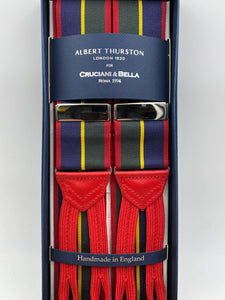 Albert Thurston for Cruciani & Bella Made in England Adjustable Sizing Blue, green, yellow and red stripes braces 40 mm Woven Barathea  Braid ends Y-Shaped Nickel Fittings Size: XL #4299