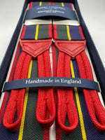 Albert Thurston for Cruciani & Bella Made in England Adjustable Sizing Blue, green, yellow and red stripes braces 40 mm Woven Barathea  Braid ends Y-Shaped Nickel Fittings Size: XL #4299