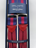 Albert Thurston for Cruciani & Bella Made in England Adjustable Sizing 40 mm Woven Barathea  Blue and Red Stripes Braces Braid ends Y-Shaped Nickel Fittings Size: XL #5004