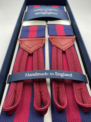 Albert Thurston for Cruciani & Bella Made in England Adjustable Sizing 40 mm Woven Barathea  Blue and Red Stripes Braces Braid ends Y-Shaped Nickel Fittings Size: XL #5004