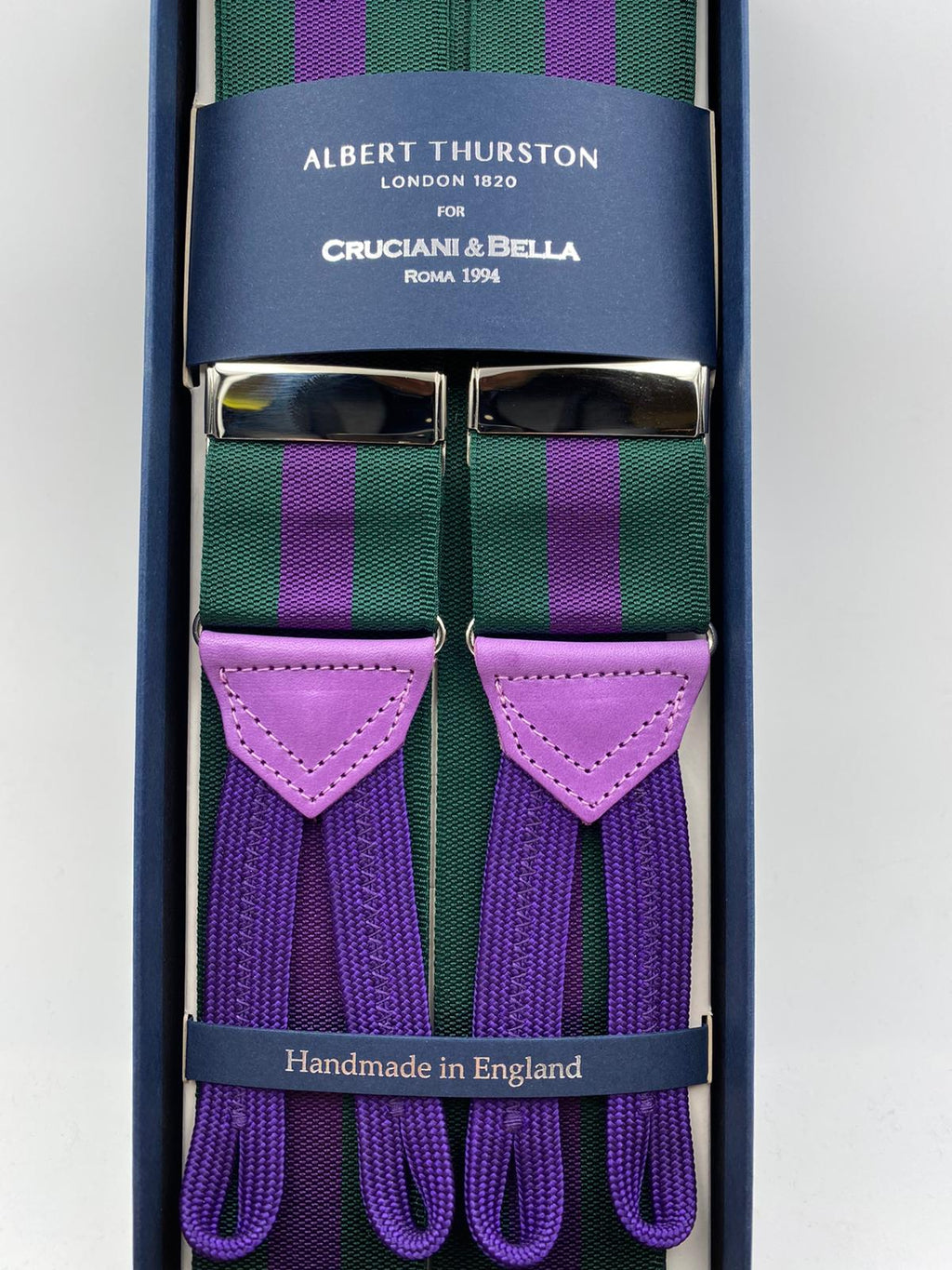 Albert Thurston for Cruciani & Bella Made in England Adjustable Sizing 40 mm Woven Barathea  Green and Purple Stripes Braces Braid ends Y-Shaped Nickel Fittings Size: XL #5001