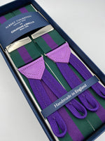 Albert Thurston for Cruciani & Bella Made in England Adjustable Sizing 40 mm Woven Barathea  Green and Purple Stripes Braces Braid ends Y-Shaped Nickel Fittings Size: XL #5001