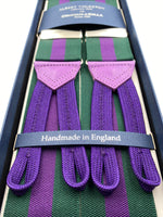 Albert Thurston for Cruciani & Bella Made in England Adjustable Sizing 40 mm Woven Barathea  Green and Purple Stripes Braces Braid ends Y-Shaped Nickel Fittings Size: XL #5001