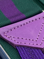 Albert Thurston for Cruciani & Bella Made in England Adjustable Sizing 40 mm Woven Barathea  Green and Purple Stripes Braces Braid ends Y-Shaped Nickel Fittings Size: XL #5001