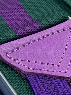 Albert Thurston for Cruciani & Bella Made in England Adjustable Sizing 40 mm Woven Barathea  Green and Purple Stripes Braces Braid ends Y-Shaped Nickel Fittings Size: XL #5001