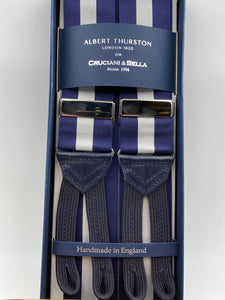 Albert Thurston for Cruciani & Bella Made in England Adjustable Sizing 40 mm Woven Barathea  Blue and White Stripes Braces Braid ends Y-Shaped Nickel Fittings Size: XL #5003