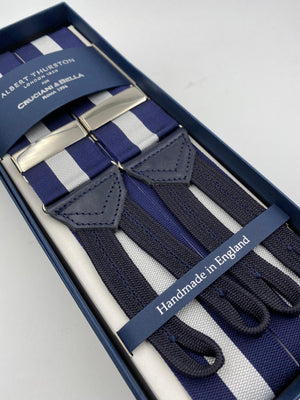 Albert Thurston for Cruciani & Bella Made in England Adjustable Sizing 40 mm Woven Barathea  Blue and White Stripes Braces Braid ends Y-Shaped Nickel Fittings Size: XL #5003