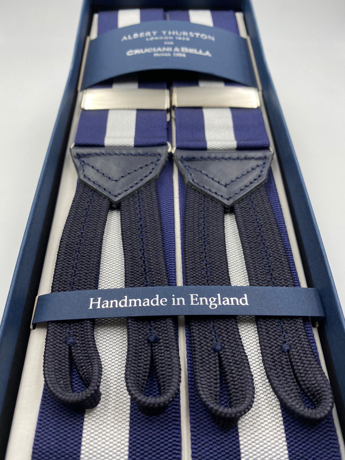 Albert Thurston for Cruciani & Bella Made in England Adjustable Sizing 40 mm Woven Barathea  Blue and White Stripes Braces Braid ends Y-Shaped Nickel Fittings Size: XL #5003