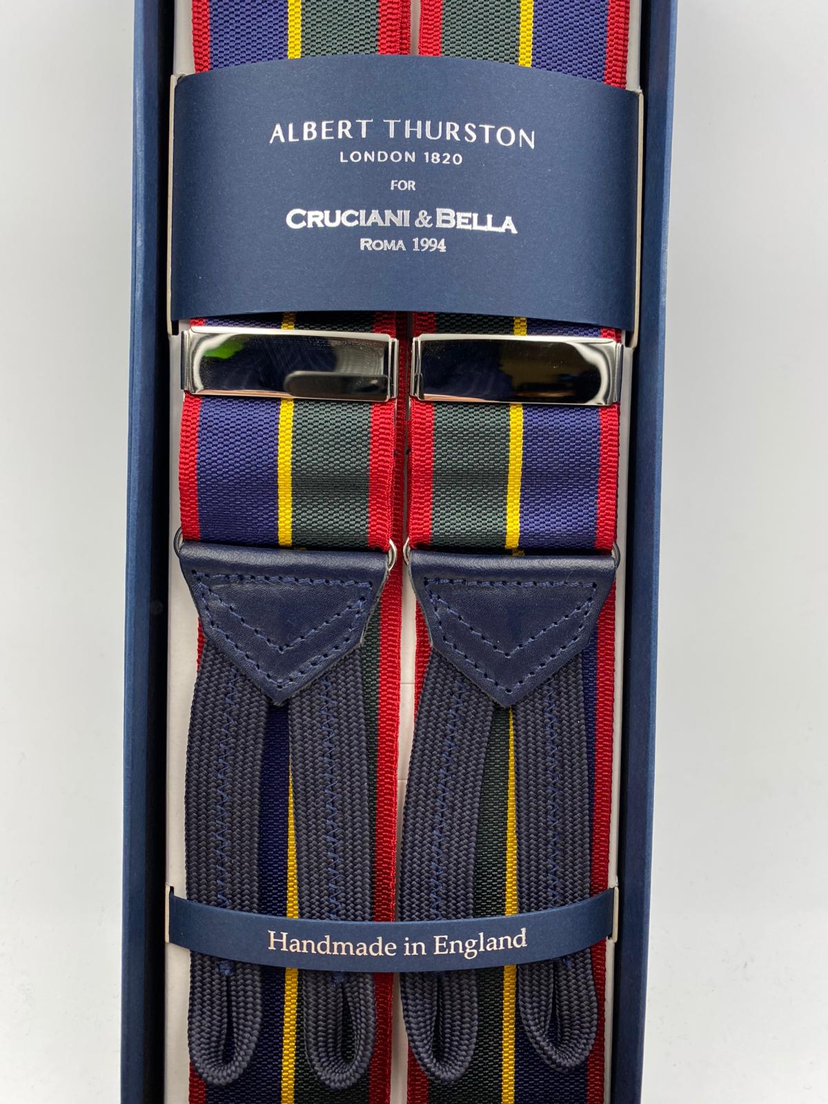 Albert Thurston for Cruciani & Bella Made in England Adjustable Sizing 40 mm Woven Barathea  Blue, Green, red and Yellow Stripes Braces Braid ends Y-Shaped Nickel Fittings Size: XL #4998