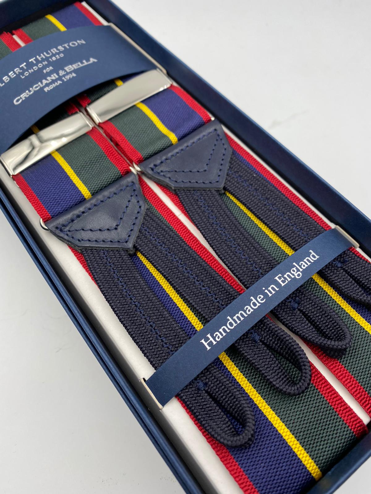Albert Thurston for Cruciani & Bella Made in England Adjustable Sizing 40 mm Woven Barathea  Blue, Green, red and Yellow Stripes Braces Braid ends Y-Shaped Nickel Fittings Size: XL #4998