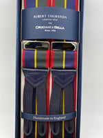 Albert Thurston for Cruciani & Bella Made in England Adjustable Sizing 40 mm Woven Barathea  Blue, Green, red and Yellow Stripes Braces Braid ends Y-Shaped Nickel Fittings Size: XL #4998
