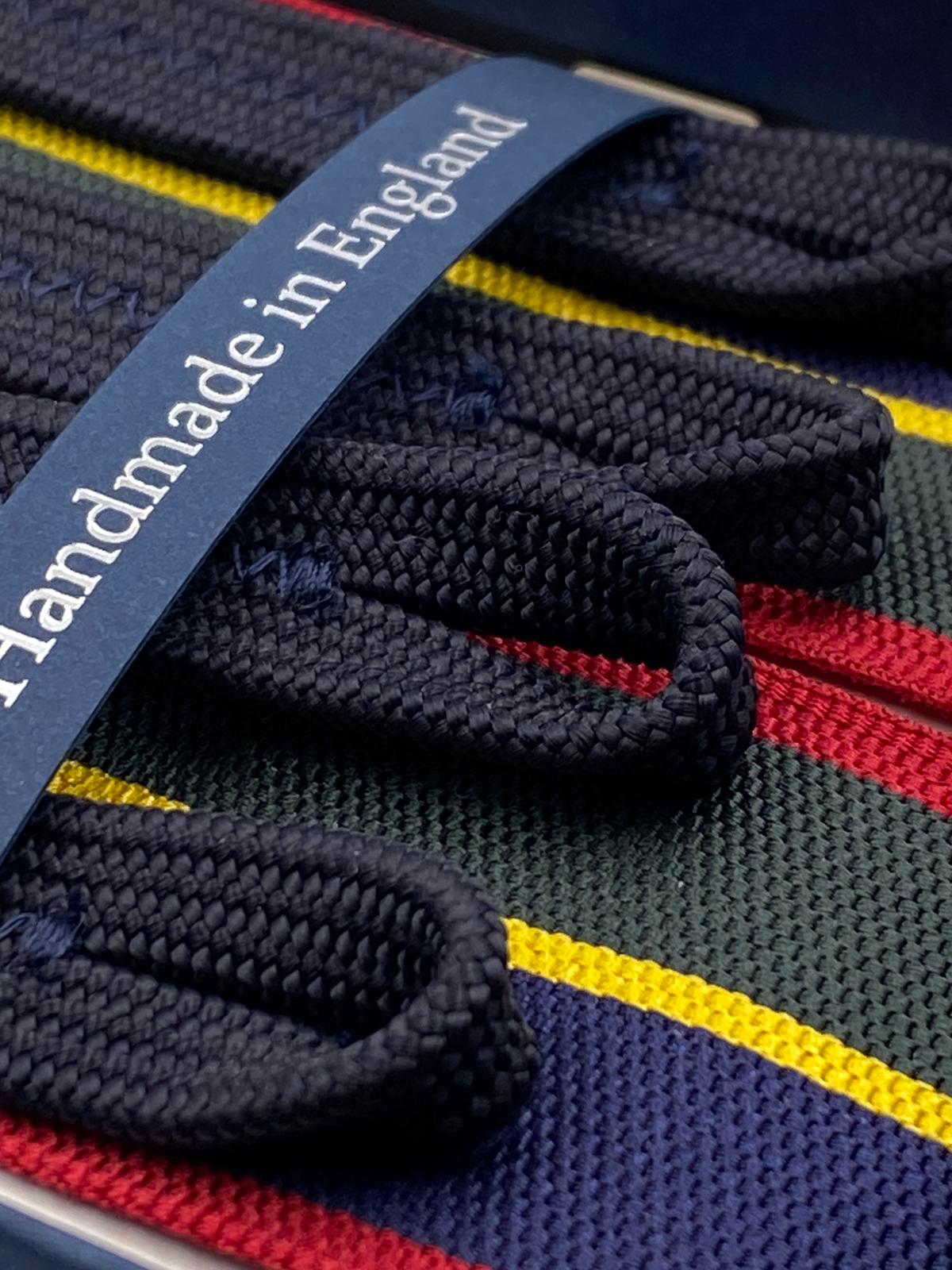 Albert Thurston for Cruciani & Bella Made in England Adjustable Sizing 40 mm Woven Barathea  Blue, Green, red and Yellow Stripes Braces Braid ends Y-Shaped Nickel Fittings Size: XL #4998