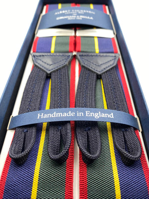 Albert Thurston for Cruciani & Bella Made in England Adjustable Sizing 40 mm Woven Barathea  Blue, Green, red and Yellow Stripes Braces Braid ends Y-Shaped Nickel Fittings Size: XL #4998