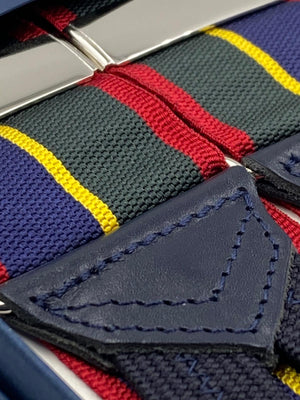 Albert Thurston for Cruciani & Bella Made in England Adjustable Sizing 40 mm Woven Barathea  Blue, Green, red and Yellow Stripes Braces Braid ends Y-Shaped Nickel Fittings Size: XL #4998