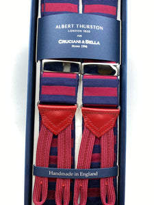 Albert Thurston for Cruciani & Bella Made in England Adjustable Sizing 40 mm Woven Barathea  Blue and Red horizontal Stripes Braces Braid ends Y-Shaped Nickel Fittings Size: XL #4988