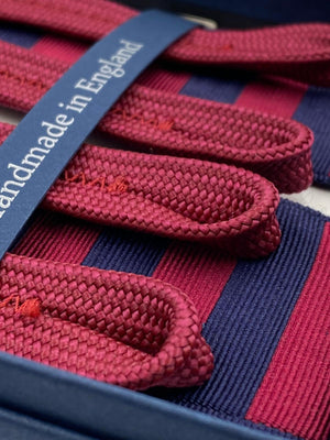 Albert Thurston for Cruciani & Bella Made in England Adjustable Sizing 40 mm Woven Barathea  Blue and Red horizontal Stripes Braces Braid ends Y-Shaped Nickel Fittings Size: XL #4988