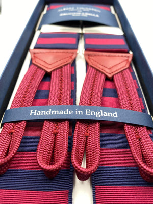 Albert Thurston for Cruciani & Bella Made in England Adjustable Sizing 40 mm Woven Barathea  Blue and Red horizontal Stripes Braces Braid ends Y-Shaped Nickel Fittings Size: XL #4988